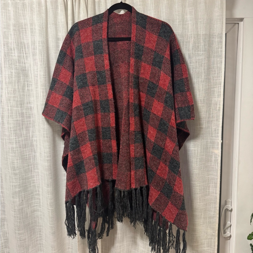 Urban Outfitters Plaid Red and Black Fringe Sweater